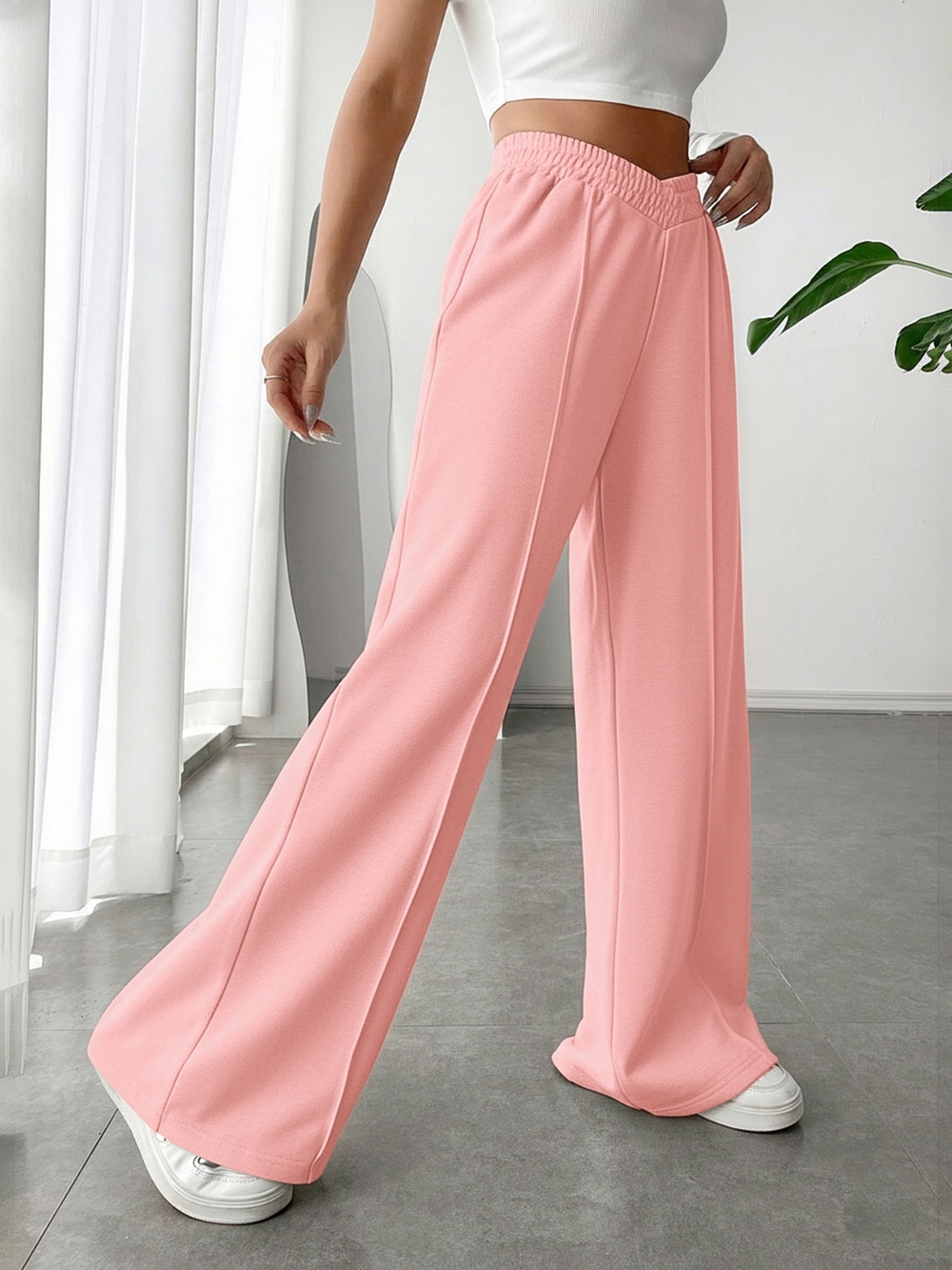 Wide Leg Pink Palazzo Pants - Women's Pull-On Trousers - Picture 2 of 7